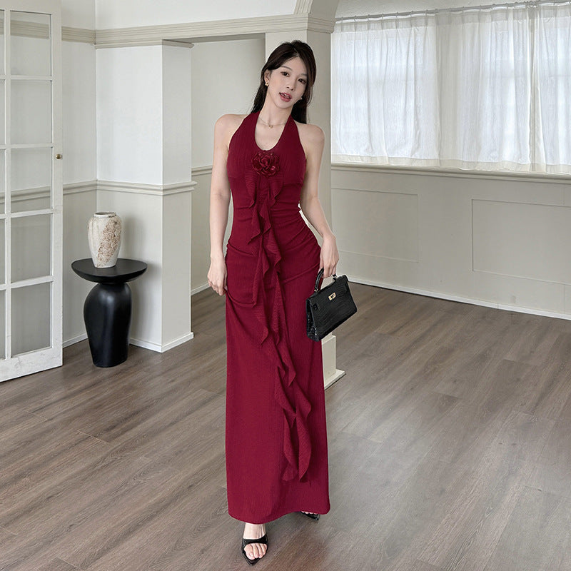Flower neck slimming dress for summer
