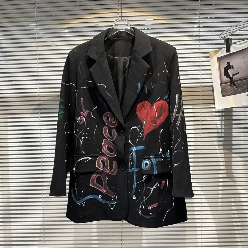Spring Summer New Fashion Trend Blazer Lapel Single-breasted Printing Temperament Loose Coat Women