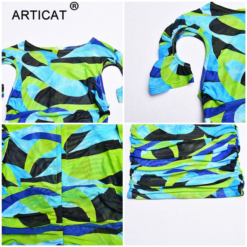 Articat Print Hollow Out Ruched Dress For Women O Neck Short Sleeve Bodycon Mini Dress Ladies Streetwear Elegant Party Vestidos