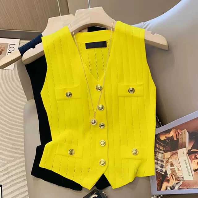 V-neck ice silk knitted vest women's summer new style French chic slim fit sleeveless top
