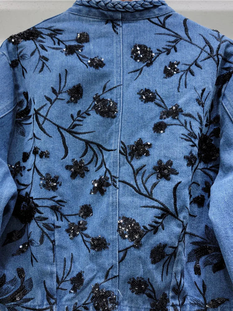 Women's Denim Coats Embroidery Sequins Flowers Buttonless Irregular Collar Twist Jackets Summer New Fashion
