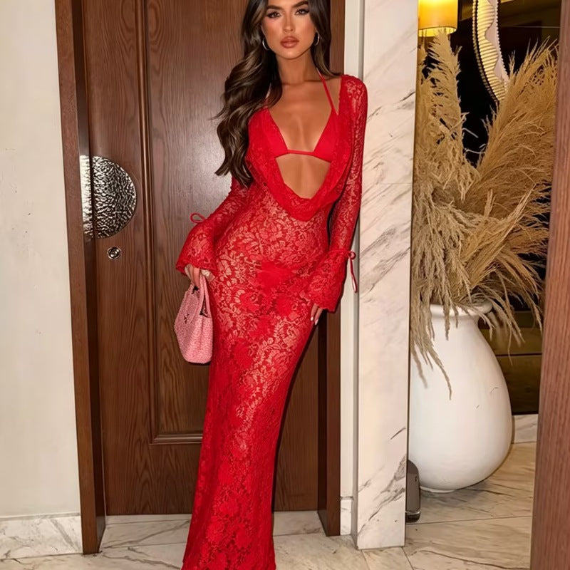 Solid color sexy lace long sleeved dress three piece set mesh swimsuit bikini