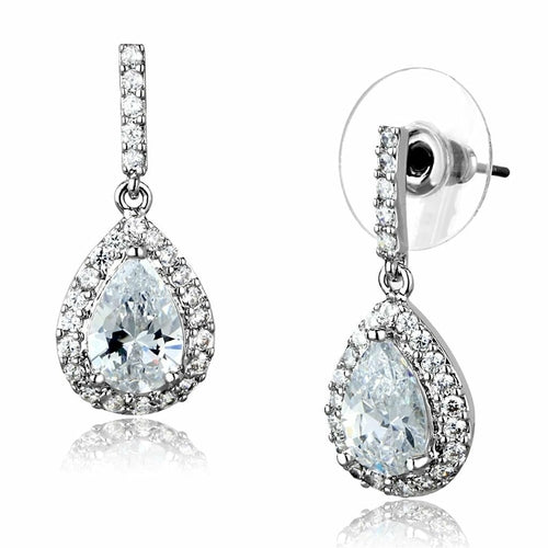 3W903 - Rhodium Brass Earrings with AAA Grade CZ in Clear