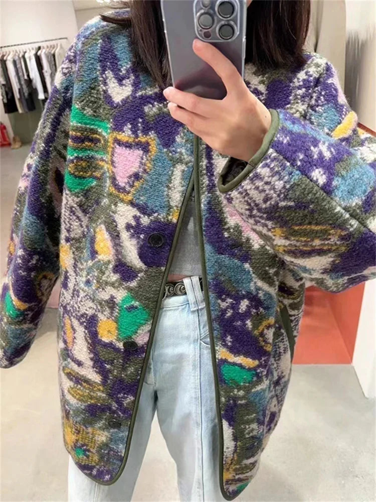 Colorful Geometric Printed Women Single Breasted Jacket Retro O-Neck Long Sleeve Ladies Two Sided Wear Coat Winter New