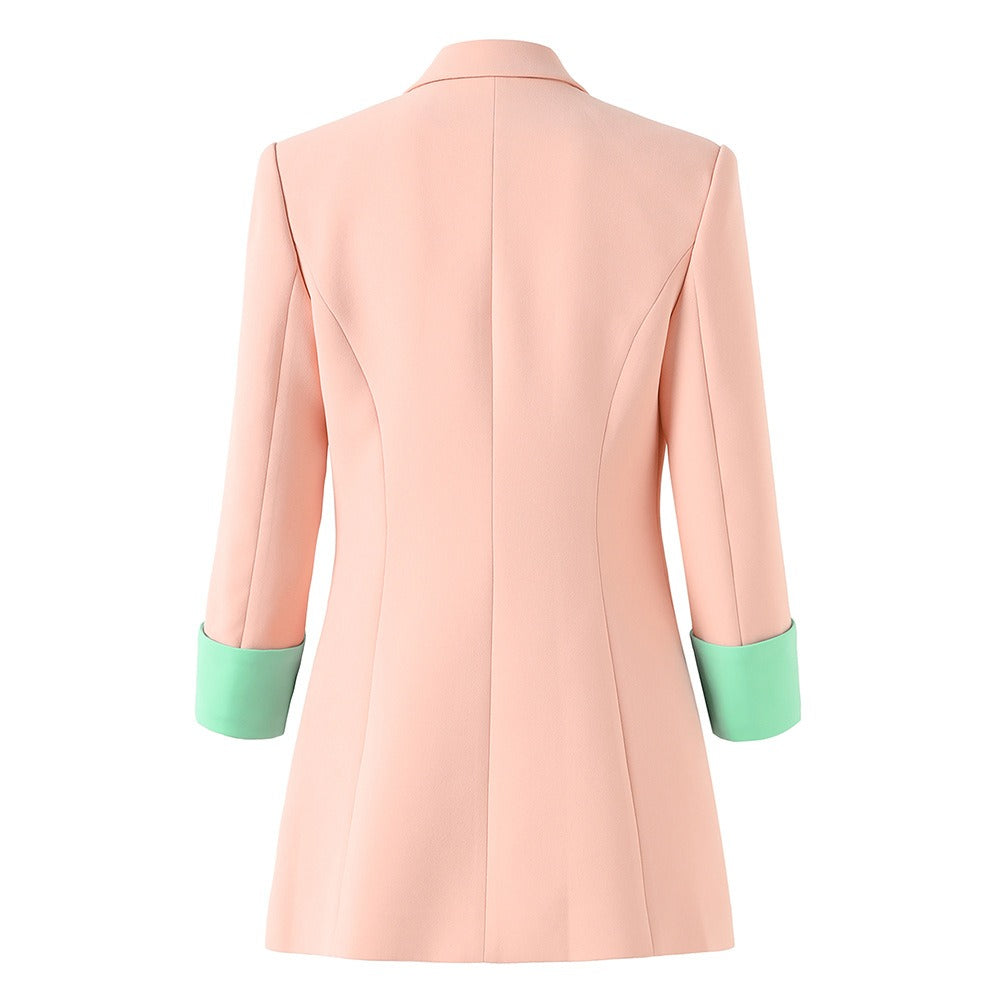 Splicing jacket for women spring and summer seven quarter sleeved suit jacket pink single breasted jacket commuting jacket