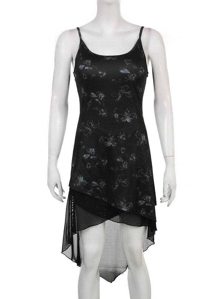 IAMSURE Dark Mesh Slim Floral Dress Vintage Gothic Sleeveless Mini Dresses For Women Summer Fashion Streetwear Ladies