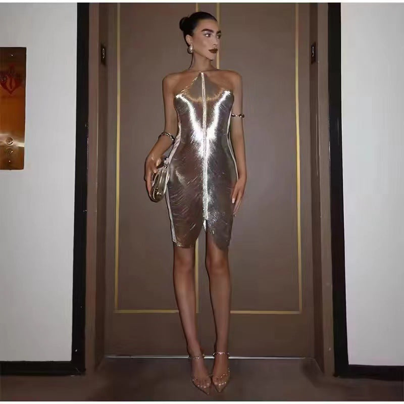 Shiny Metallic Halter Slim Mini Dress For Women Female Sleeveless Backless Bodycon Vestidos Ladies Party Club Evening Robes