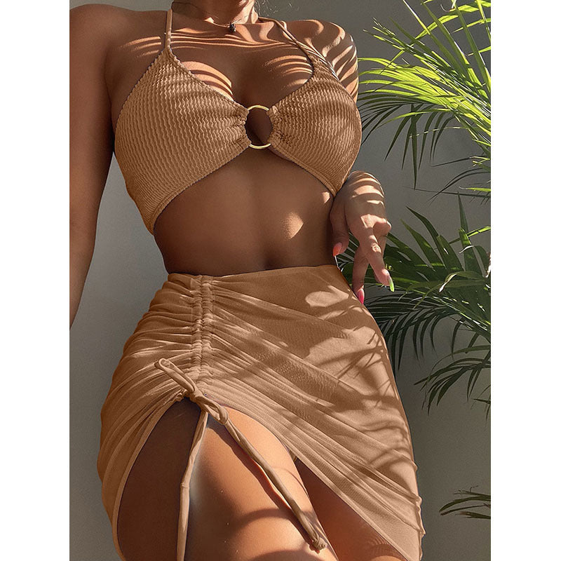 Chic Solid Color Belted Bikini Three-Piece Swimsuit for Women