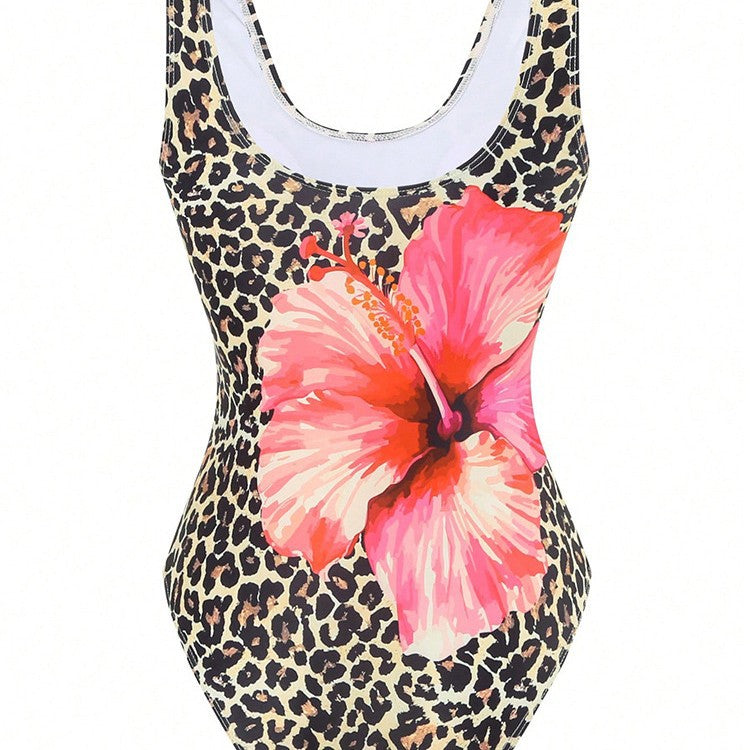 U-Neck Leopard Print One-Piece Swimsuit for Women