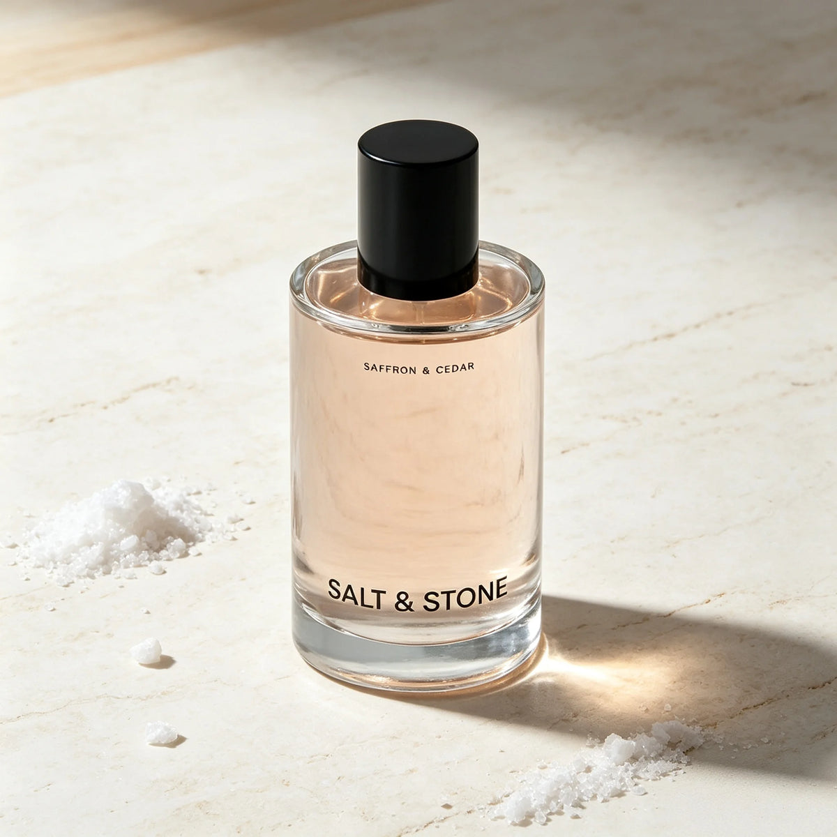Long-Lasting Saffron & Cedar Unisex Perfume: Salt & Stone, Warm Woody Spicy Scent, Tall Clear Glass Bottle with Matte Black Cap, Minimalist Fragrance for Men and Women, 100ml