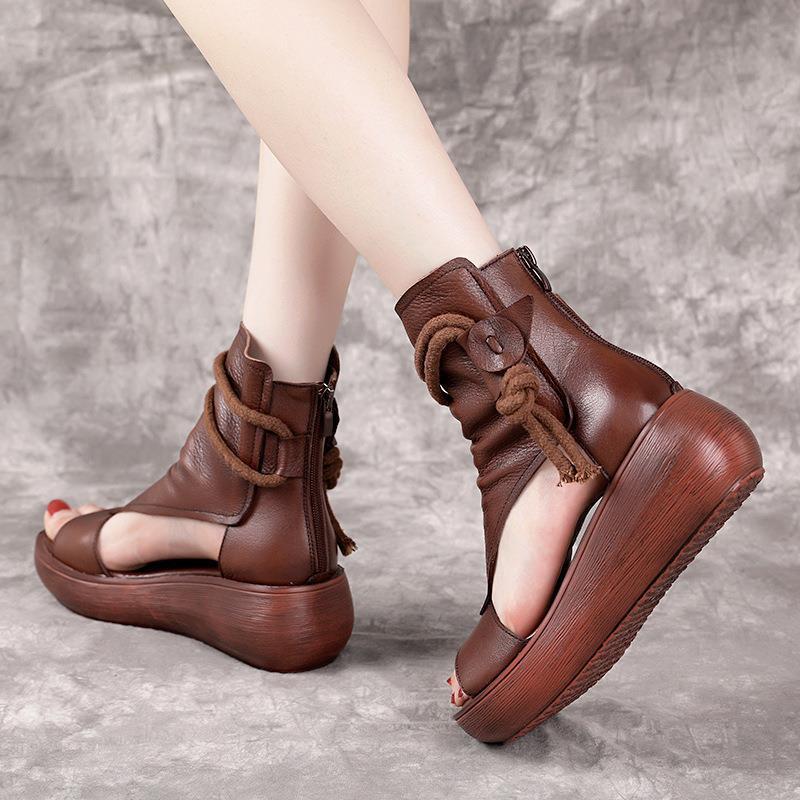 miaoguan Women Summer Sandals Mid Heels Wedges Shoes Ladies Vintage PU Leather Plus Size Sandalias Mujer Sapato Feminino
