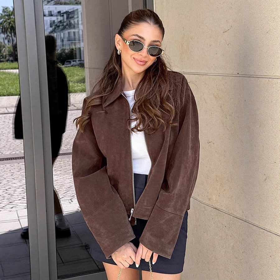 Vintage Mocha Brown Suede Jacket Women's Loose Notched Lapel Design Sense Ladies' Outerwear