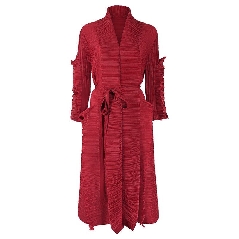 Spring And Summer Women's Catwalk Models Fungus Edge Long Sleeve Stitching Straps Pleated Dress