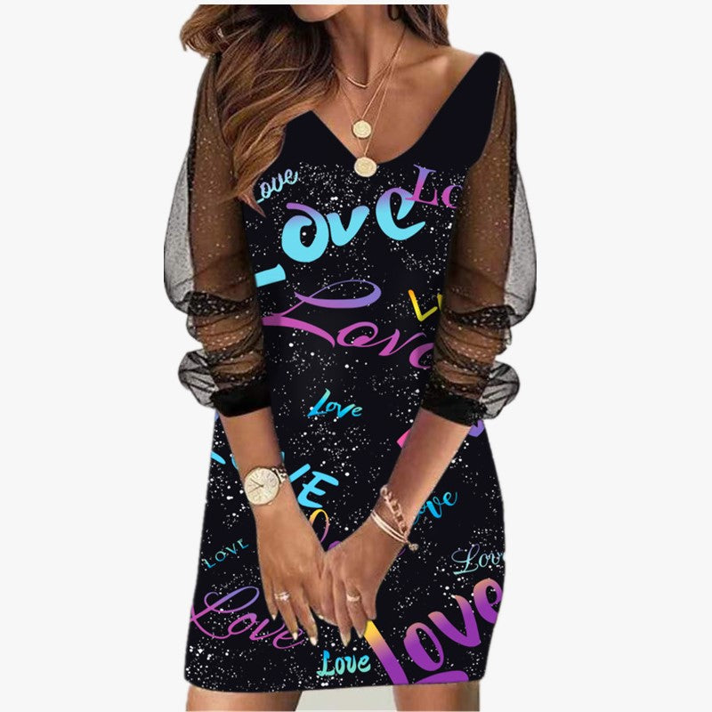 Sequined See Through Mesh Printing Stitching Ladies Dress Sexy Short Skirt