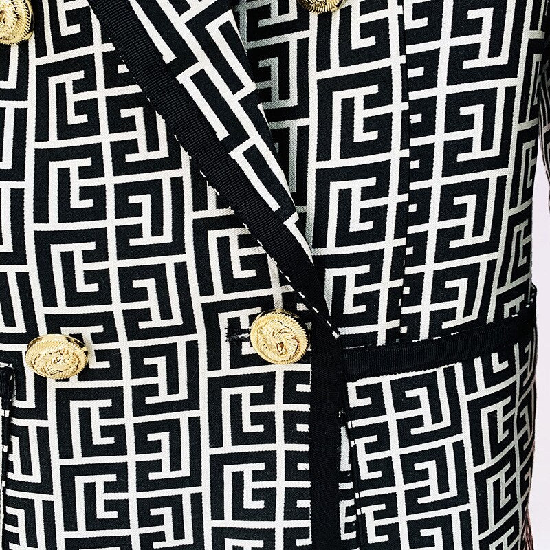 European ladies Spring High Street Classic Featured Fabric Geometric Texture Patchwork Jacket Lion Head Buckle Notched Blazer