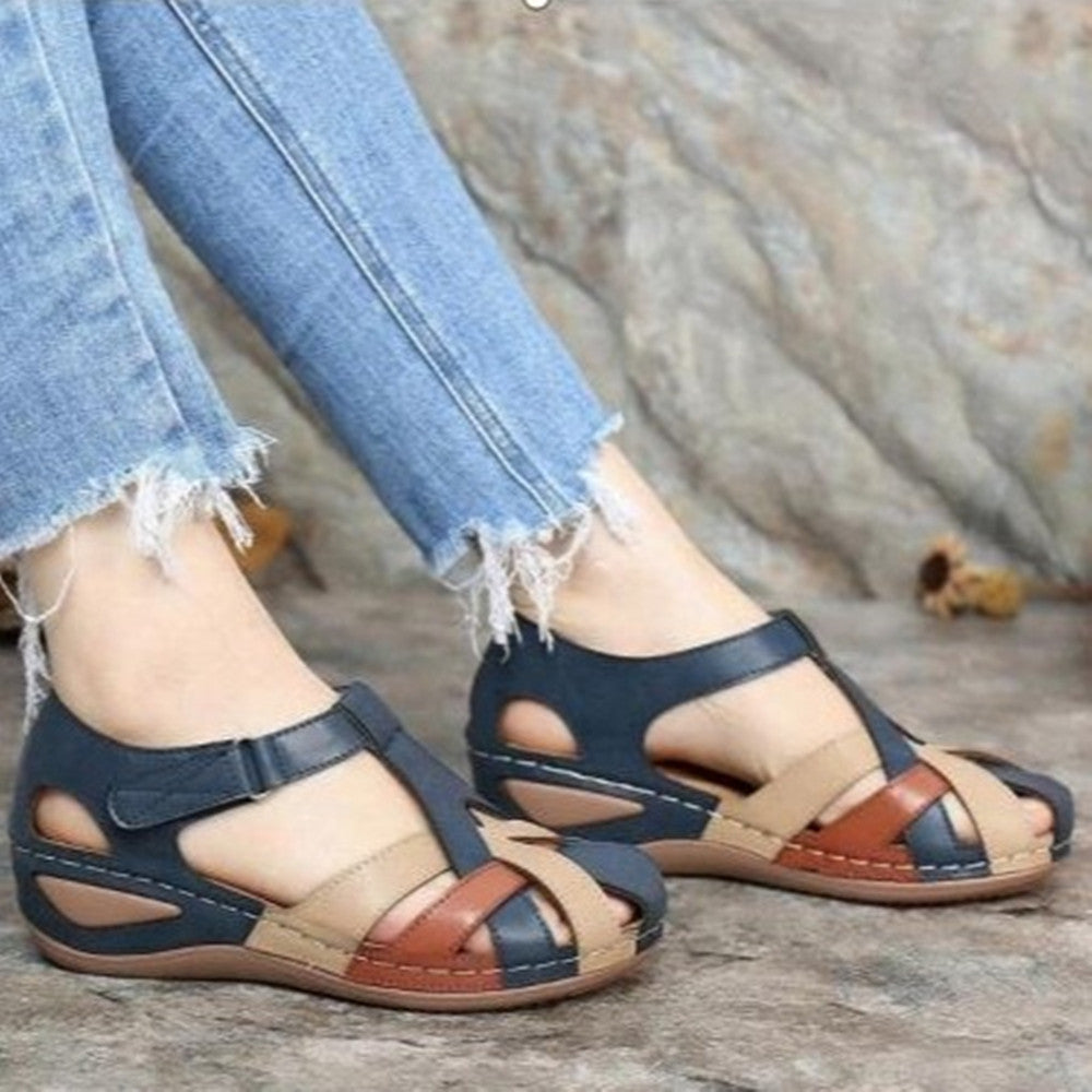 Summer Retro Women's Sandals Car Line Light Soft Bottom Large Size Cross Buckle Round Toe Comfortable Wedge Sandals Ladies Sandals