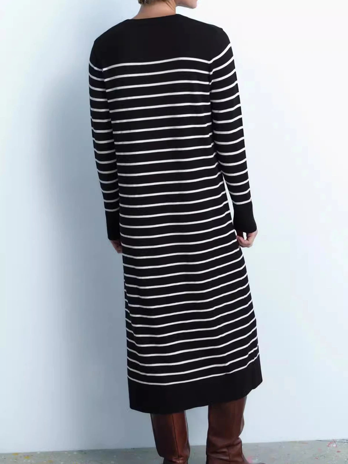 Spring Autumn New Women Long Knitted Stripe Dress Round Neck Rib Trim Long Sleeved Slim Fit Dress Ladies Trendy Casual frock