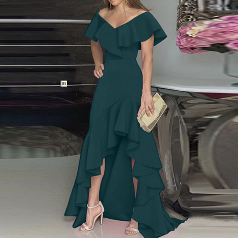 Temperament Ladies V-Neck Ruffle Irregular Elegant Dress