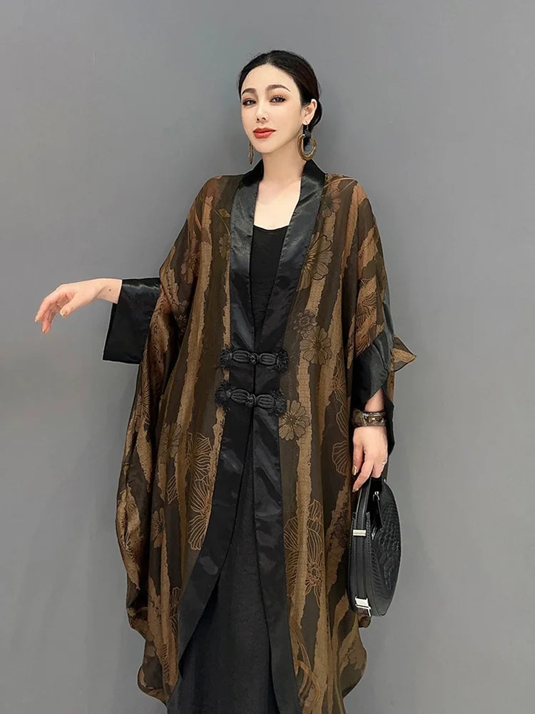 Fashion Printed Dress For Women V-neck Dial Buckle Batwing Sleeve Patchwork Loose Vestido Summer New Tide