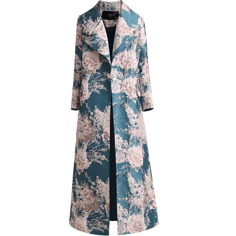 Spring and Autumn Ladies and Ladies Luxury Satin Jacquard Royal Sister Style Elegant Tall Long Trench Coat