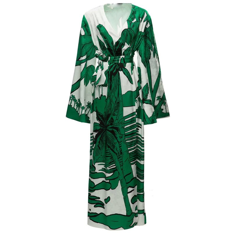 GetSpring Women Dress Summer V Neck Full Sleeve Lace Up Printed Dress All Match Fashionable Loose Long Ladies Dresses New