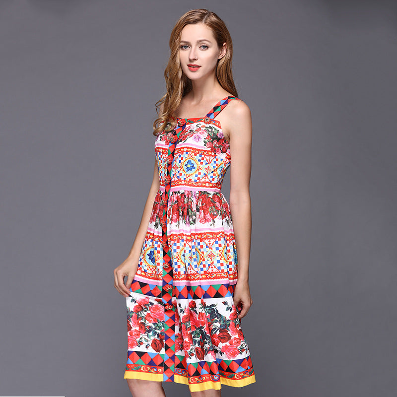 Spring/Summer New Simple Intarsia Polka Dot Aesthetic Ladies Print Sling Square Rose Dress