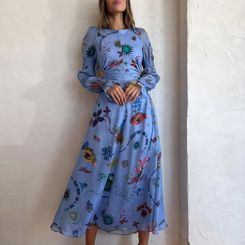 New Spring Summer Women Hollow Out Party Dress Printing Loungewear O-Neck Long Lantern Sleeve Loose Ladies Maxi Dress Streetwear