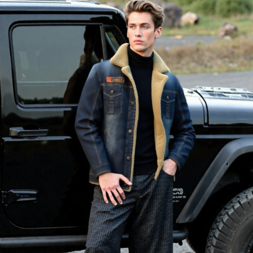 Mens Denim Jean Jacket in Black with Inner Faux Fur