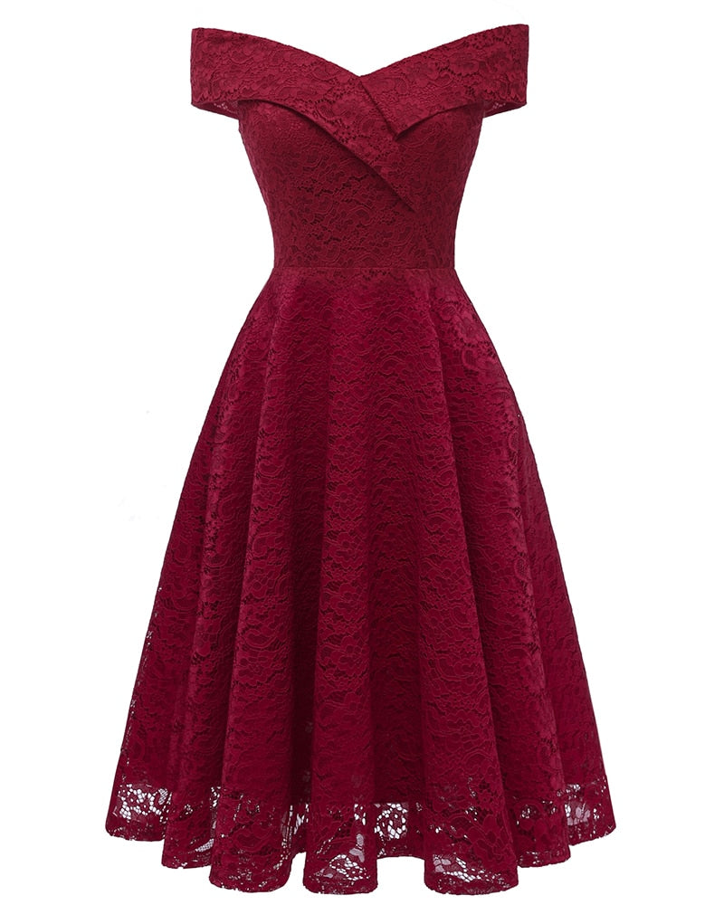 New Vintage Lace Evening Party Dress Women Slash Neck Sleeveless Midi Dress Ladies Elegant Pink Dresses