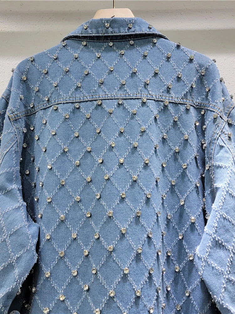 Women's Denim Coat Diamond Shape Rhinestone Sequins Single Breasted Do Old Blue Jackets Summer New Fashion
