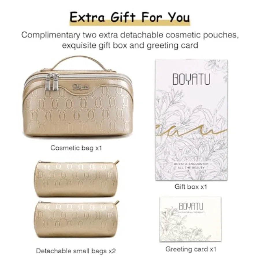 Travel Makeup Bag for Women: Cosmetic Organizer Bag with Compartments - Leather Make up Bags Set of 3