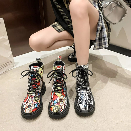 Graffiti Print Combat Boots : Colorful Street Art Design