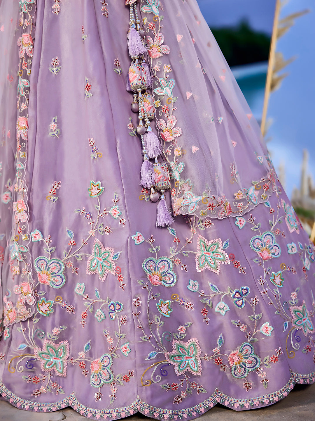 Lavender Satin Silk Sequin & Embroidery Lehenga Choli with Net Dupatta