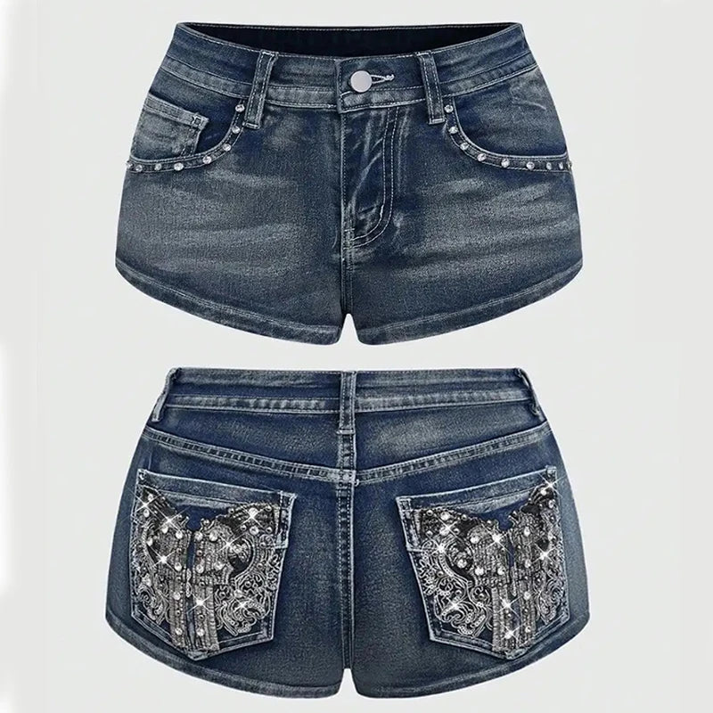 Summer Vintage Y2K Punk Rhineston Embroidered Denim Shorts Women Jeans Holiday Sexy Low Waist Distressed American Retro Hot Pant