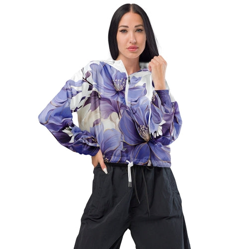 Womens Cropped Windbreaker Jacket - Purple Botanical Blooms