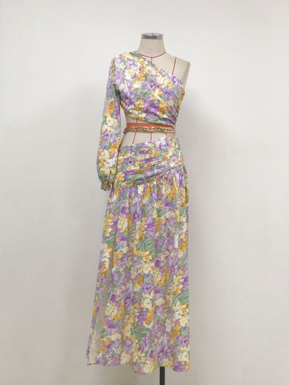 Women's Sloping Shoulder Sexy Navel Floral Skirt Temperament Ladies Irregular Swing Dress