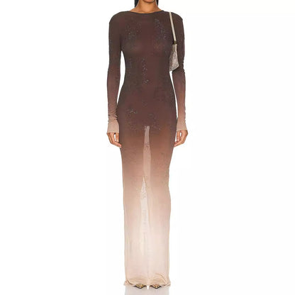 Gradient color rhinestone dress for women's summer, new European and American trend, high-end design, sexy long skirt for ladies