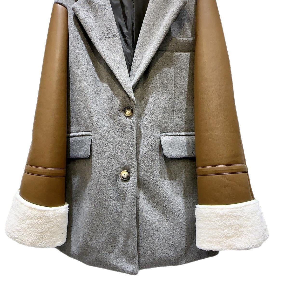 GetSpring Women Coat  Autumn Winter Leather Stitched Shoulder Padded Patchwork Single Breasted Loose Long Ladies Jacket New