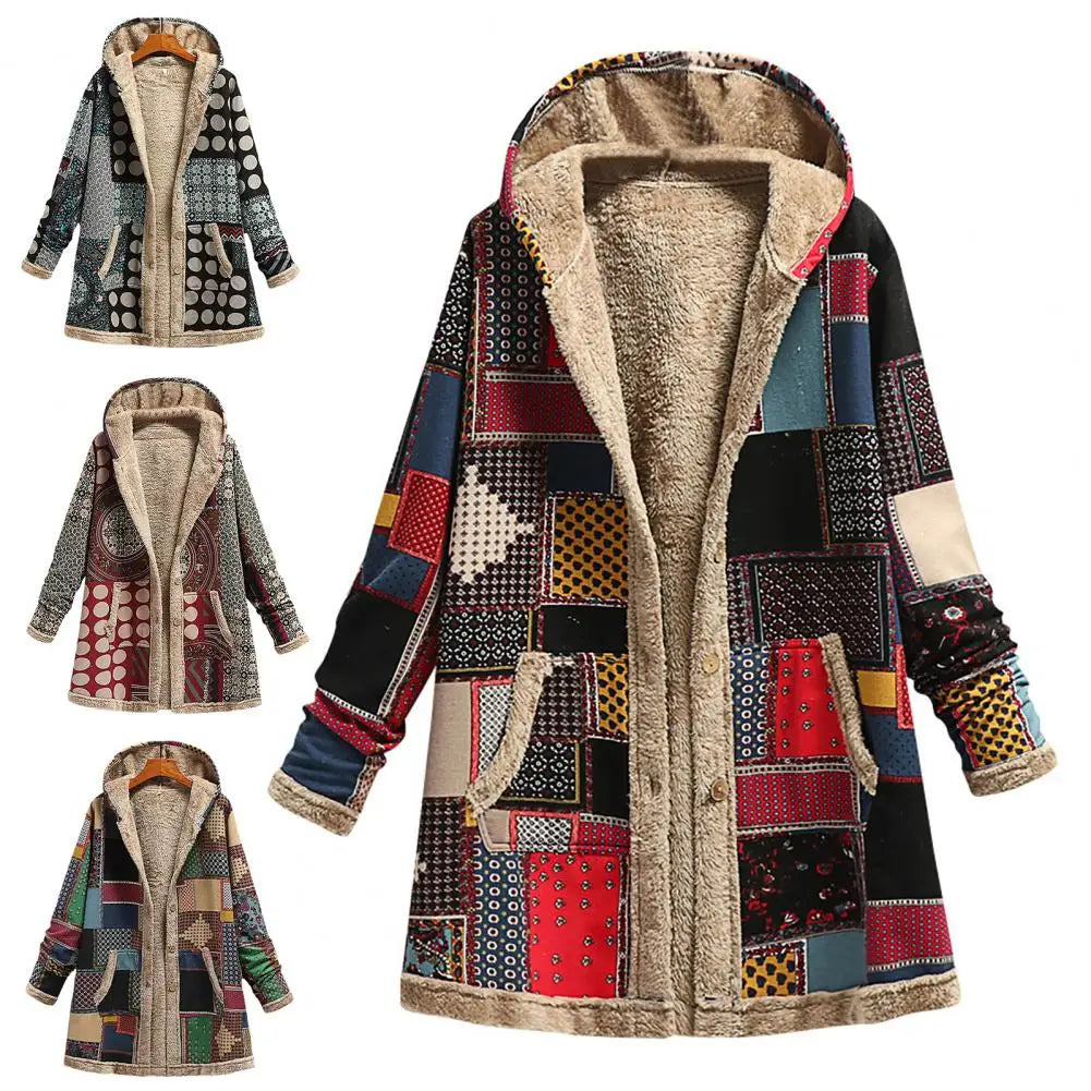 Winter Vintage Women Coat Warm Printing Thick Fleece Hooded Long Jacket with Pocket Ladies Outwear Loose Warm Plush Coat