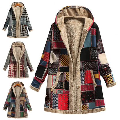 Winter Vintage Women Coat Warm Printing Thick Fleece Hooded Long Jacket with Pocket Ladies Outwear Loose Warm Plush Coat