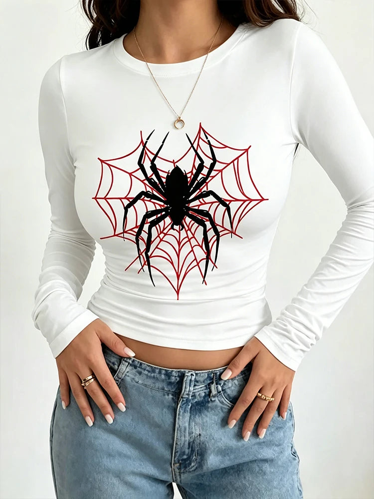 American Spider Red Spider Web Print Long-Sleeved T-Shirt for Women - Round Neck Tight Short Sleeve Low-Waist Stretch T-Shirt