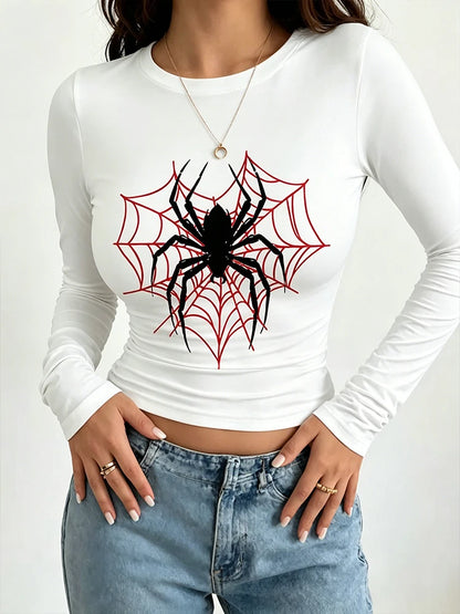 American Spider Red Spider Web Print Long-Sleeved T-Shirt for Women - Round Neck Tight Short Sleeve Low-Waist Stretch T-Shirt