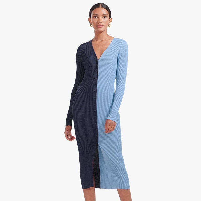 Patchwork V-neck Button Women Dress Black Long Sleeve Single Breasted Dress Ladies Autumn SKinny Fashion Streetwear