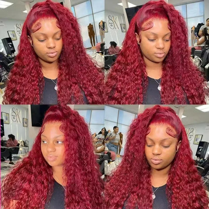 36 38 Inch Burgundy 13x6 hd Lace Frontal Wig Water Wave Curly 13x4 Red Remy Human Hair Brazilian 99J Colored Hair Wigs for Women