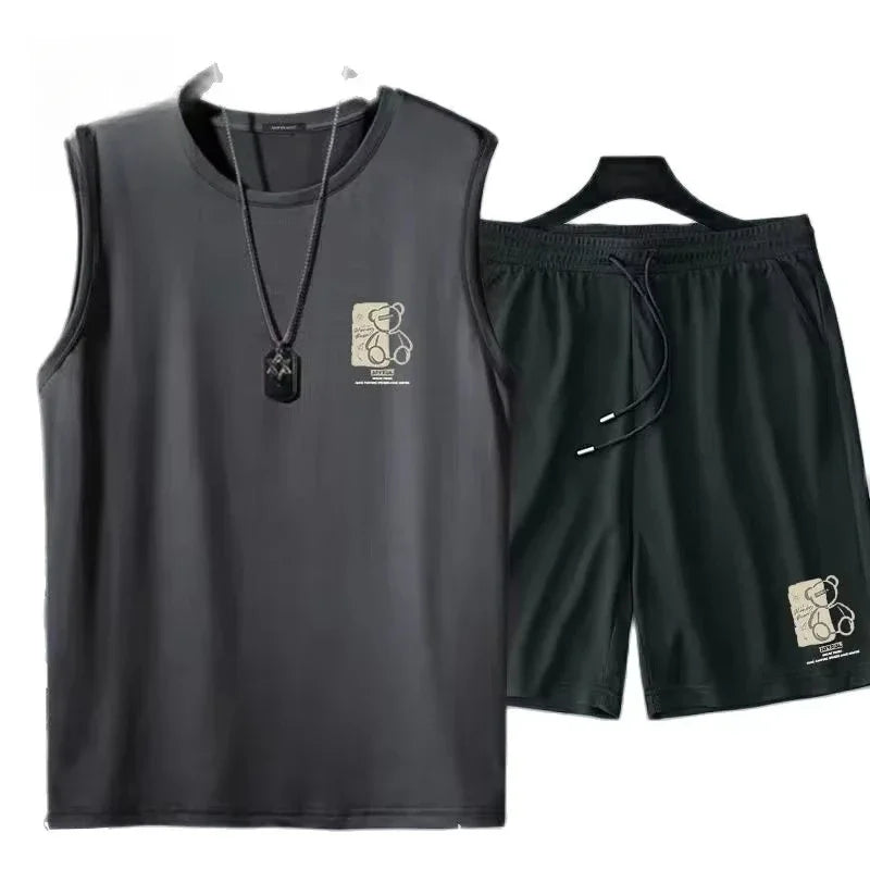 Men's Fashion Breathable Fitness Basketball Sports Quick-Drying 2-Piece Set, Sleeveless T-Shirt & Jogging Shorts