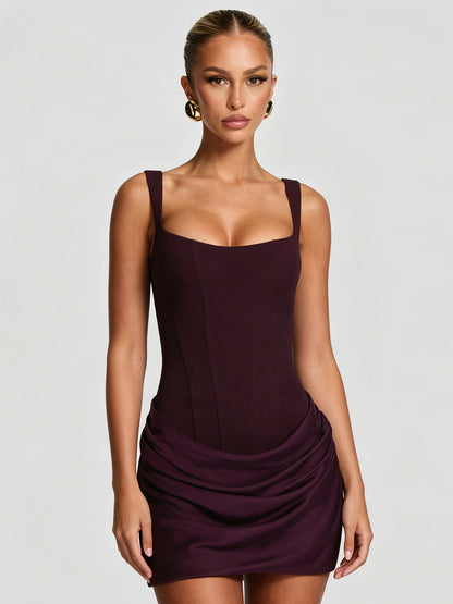 Square Neck Sleeveless High Waist Tie Belt Slim Fit Elegant 3D Pleated Bodycon Short Dress