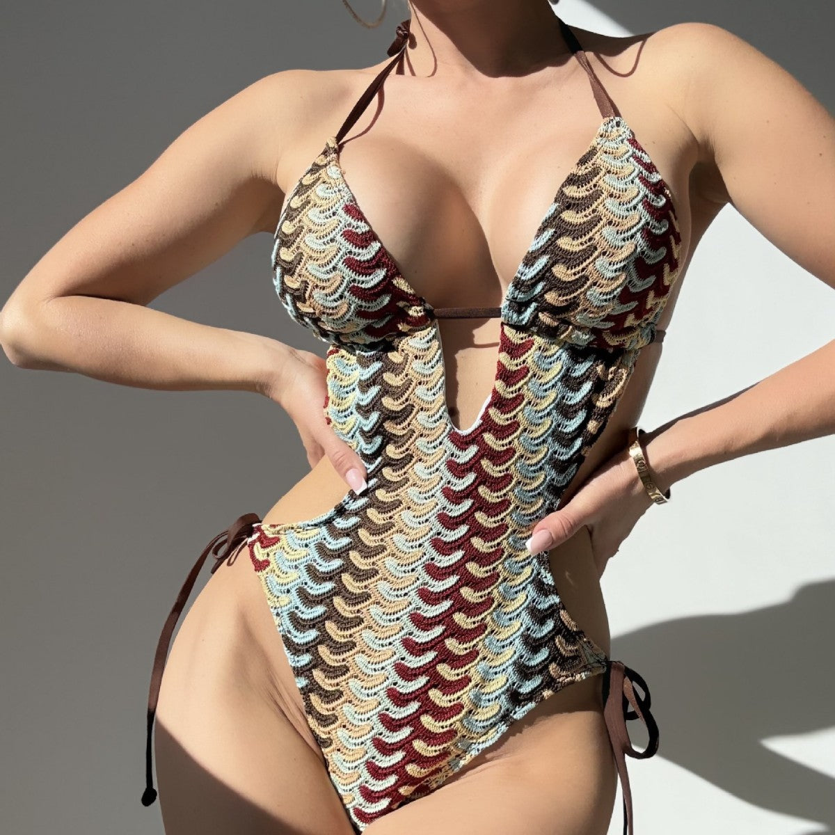 Colorful crochet texture slim fit sexy hanging neck one-piece swimsuit