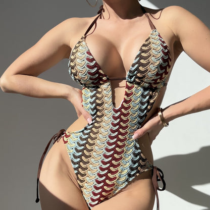 Colorful crochet texture slim fit sexy hanging neck one-piece swimsuit