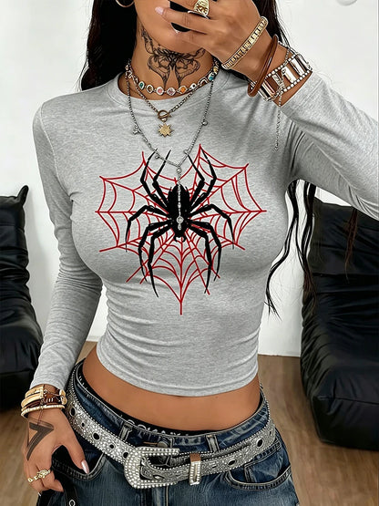 American Spider Red Spider Web Print Long-Sleeved T-Shirt for Women - Round Neck Tight Short Sleeve Low-Waist Stretch T-Shirt