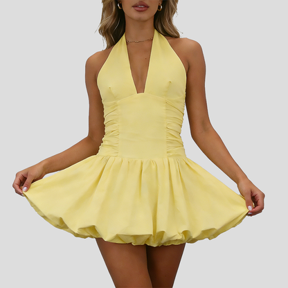 Women's Fashion Deep V Backless Halter Neck Tie Ribbon Bow Bubble Mini Dress